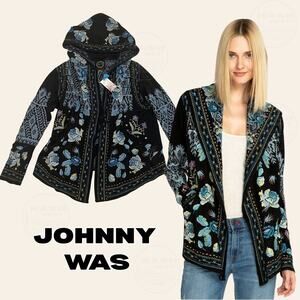 Rare Johnny Was Biya Beiro Hooded Cardigan | Blue Embroider Knit Duster NWT $418